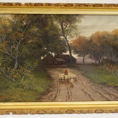 1017	ANTIQUE OIL PAINTING ON CANVAS, SHEEP BEING HERDED DOWN WOODED LANE W/COTTAGE IN BACKGROUND, ARTIST SIGNED LOWER LEFT, APPROXIMATELY...