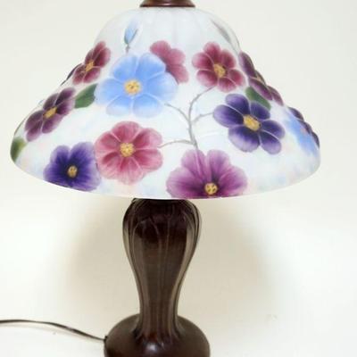 1047	CONTEMPORARY REVERSE PAINTED SATIN PUFFY FLORAL SHADE TABLE LAMP, APPROXIMATELY 24 IN HIGH
