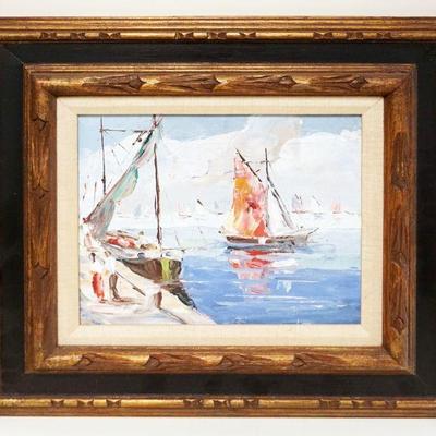 1089	OIL PAINTING ON CANVAS SAIL BOATS IN HARBOR, APPROXIMATELY 18 IN X 20 IN
