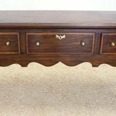 1168	VIRGINIA GALLERIES HECKLE HARRIS SIDEBOARD, 3 DRAWER, GOUGING ON TOP SURFACE, APPROXIMATELY 78 IN X 21 IN X 34 IN HIGH
