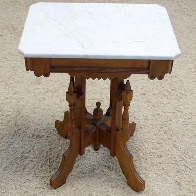 1199	VICTORIAN WALNUT MARBLE TOP PARLOR TABLE W/STOP CHAMFORD CORNERS, APPROXIMATELY 16 IN X 22 IN X 28 IN HIGH
