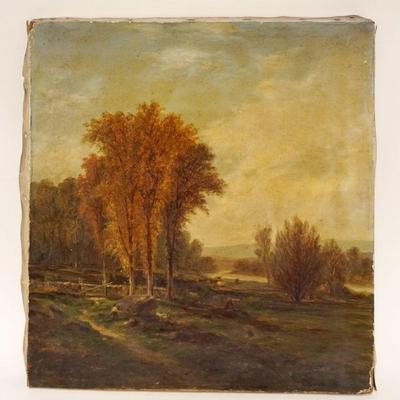 1003	ANTIQUE OIL PAINTING ON CANVAS, LANDSCAPE W/STONE FENCE ROW, COWS, WOODS & STREAM, APPROXIMATELY 14 IN X 14 1/2 IN OVERALL
