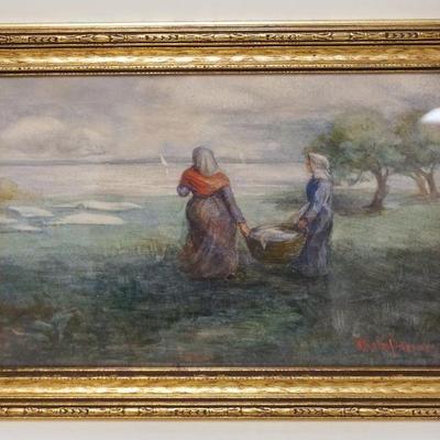 1088	FRAMED ARTIST SIGNED DRAWING OF 2 WOMEN CARRYING A BASKET ALONG LAKE SHORE, APPROXIMATELY 12 IN X 15 1/2 IN
