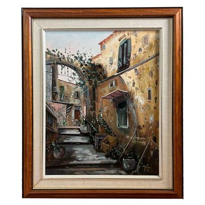EUROPEAN OIL PAINTING | Original artwork, oil on canvas, showing a European alley way with vines, signed Freddi lower right. - w. 21 x h....