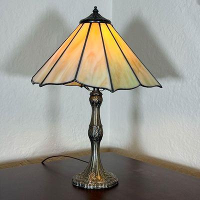 SLAG GLASS TABLE LAMP | Small lamp with a marbled style glass shade on a fancy metal base; approximate dia. 12 in. - h. 17 in 