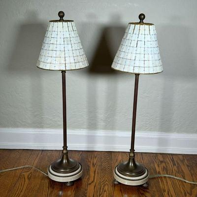 (2PC) PAIR TILE SHADE TABLE LAMPS | Carved bone style tiles wired together as the shades, on stone style bases; with â€œas you like itâ€...