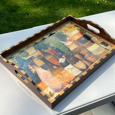 ANNIE MODICA TRAY | Wine themed double handled tray, Wine and Cheese, signed on the bottom. - l. 21 x w. 15 in 