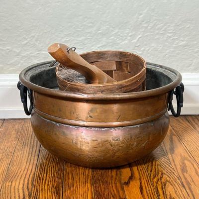 COPPER BUCKET | Copper toned bowl / bucket with side handles, with a basket and brush, can be used for fireplace accessories. - h. 7.5 x...