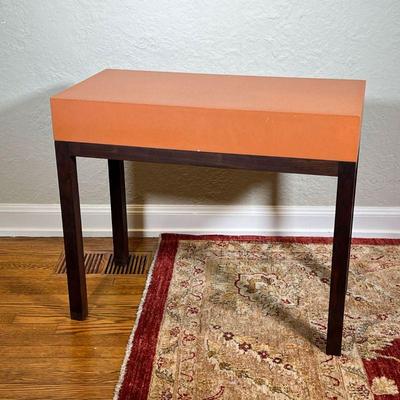MODERN SIDE TABLE | Simple Sandback end table with orange top over brown legs. - l. 32 x w. 16 x h. 27.25 in 