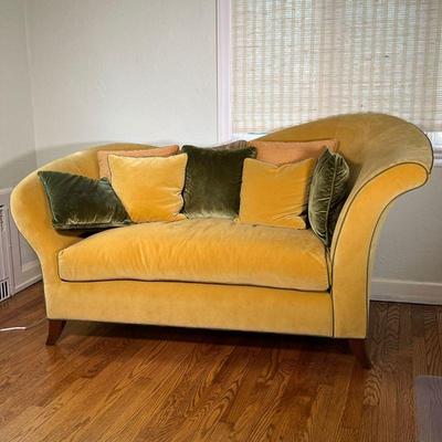 YELLOW SOFA & PILLOWS | Soft velvet custom upholstered sofa / lounge with green trim on one side, over wood legs, with matching green and...
