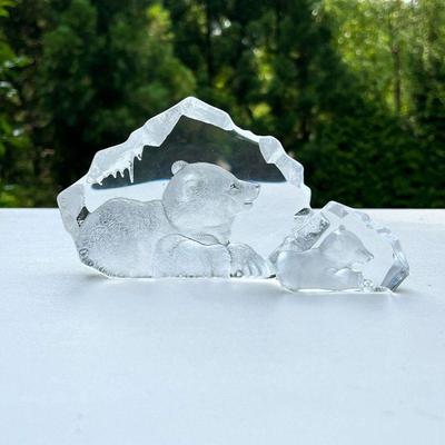 (2PC) MATS JONASSON GLASS SCULPTURES | Mats Jonasson Sweden glass sculptures with polar bears; both with etched signature, one with...