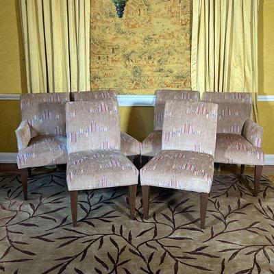 (6PC) CUSTOM UPHOLSTERED DINING CHAIRS | Including two armchairs and four side chairs, custom geometric suede fabric upholstered seats on...