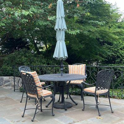 (5PC) OUTDOOR DINING SUITE | Powder-coated metal outdoor patio dining set, including a round table with four armchairs (each h. 37.5 x w....