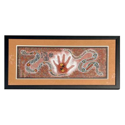 ABORIGINAL PAINTING | Mixed media on canvas or textured paper, showing a hand with two snakes, no apparent signature - sight 10.75 x...