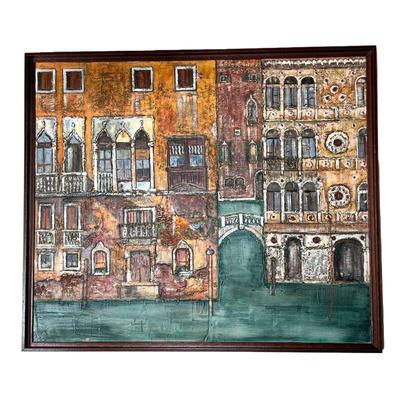 CANAL ART PRINT | Framed textured print on board of a European canal scene. - w. 26.75 x h. 22.75 in (frame) 