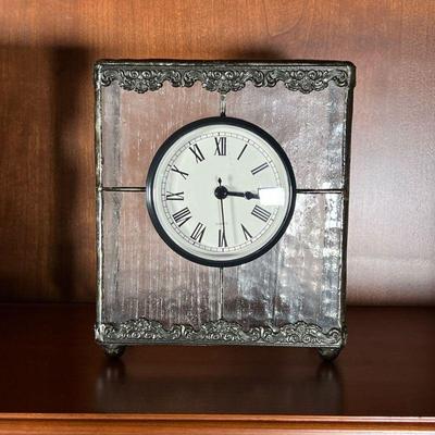 DECORATIVE CLOCK | Decorative quartz clock with a glass windowed box framing it. - l. 6 x w. 3 x h. 7.25 in 