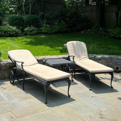 (3PC) PATIO LOUNGE SET | Outdoor patio lounge furniture, including a pair of reclining chaise lounges, and a side table (h. 19.75 x 25 x...
