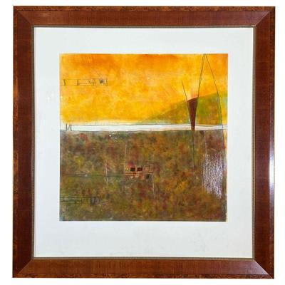 ABSTRACT ARTWORK | Textured print on canvas matted under glass in an impressive burl frame - sight 29.5 x 29.5 in. - w. 45.5 x h. 47.5 in...
