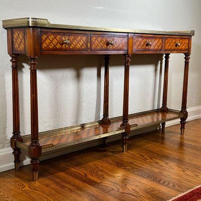 INLAID HALL TABLE | Long brown console table with a 3/4 gallery top and beautiful inlay throughout, with four drawers over a lower shelf,...