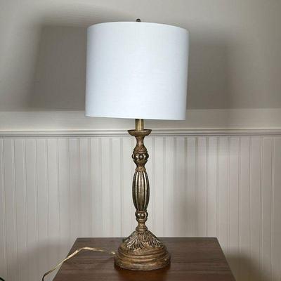 PAINTED TABLE LAMP | Carved and painted table lamp with cylindrical shade, by Sarreid Ltd. - h. 27 x dia. 12 in (with shade) 
