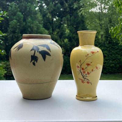 (2PC) DECORATIVE VASES | Including a yellow Chinese style vase with cherry blossoms and gilt rims, marked Hyalyn USA on the bottom; and...