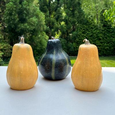 (3PC) POTTERY BARN CANDLES | Set of three decorative candles designed as gourds/squashes. - h. 6 in (largest) 