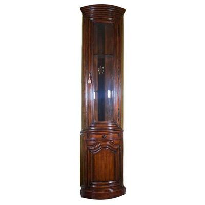CORNER DISPLAY CABINET | Theodore Alexander dark wood display cabinet with domed front, having a tall glazed door with lock and key...