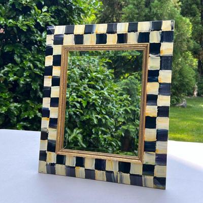 MACKENZIE-CHILDS MIRROR | Small mirror with Courtly Check patterned frame with easel back. - l. 13 x h. 15 in 