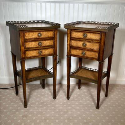 (2PC) ANTIQUE NIGHTSTANDS | Antique leather top end tables or side tables with 3/4 gallery, having three leather front drawers over a...