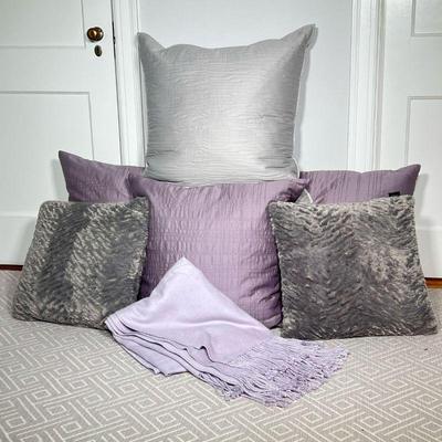 (7PC) THROW PILLOWS & BLANKET | Including four down pillow shams (three with purple covers and one with a grey cover) and two Envogue...