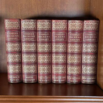 (6PC) CHARLES DICKENS BOOKS | Fancy red leather bound Charles Dickens Library with original plates by Harry Furniss, six volumes, half...