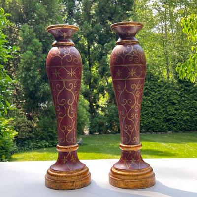 (2PC) PAIR PAINTED CANDLE STANDS | Red and gold scroll painted candle holders. - h. 19.5 x dia. 5.5 in 