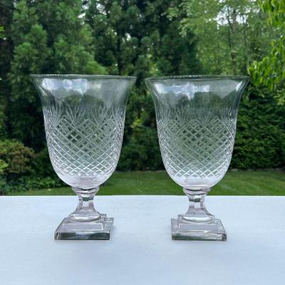 PAIR CUT GLASSES VASES | A pair of cut glass vases with square bottoms. - h. 10.5 x dia. 7 in (top) 