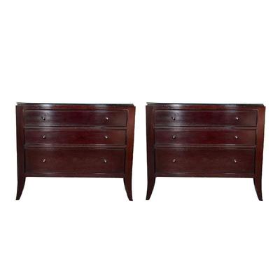 PAIR BAKER NIGHTSTANDS | Baker Furniture bedside tables each with three drawers, with glass tops. - l. 32 x w. 22 x h. 27 in 