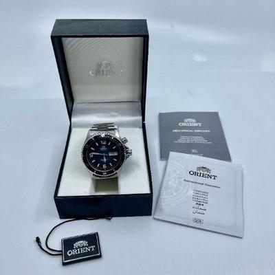 Lot 027-J: Orient Menâ€™s Watch

Features: 
â€¢	â€œOrientâ€ automatic water-resistant menâ€™s watch in original box
â€¢	Stainless-steel...