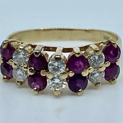 Lot 011-J: 14k Ruby and Diamond Ring

Features: 14k ring with natural Rubies and Diamonds.

Dimensions: 3g total ring weight; Size 7.5...