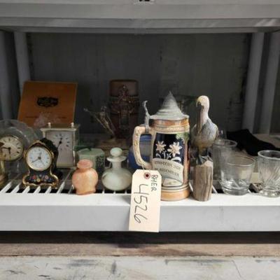 #4526 â€¢ Vintage Beer Stein, Whisky Glassware, Glvoes, Miniature Clocks, Wood Craving of Pelican, And Glass f...
