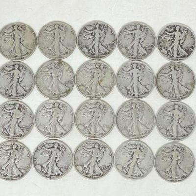 #1362 â€¢ (20) 90% Silver Walking Liberty Half Dollars
