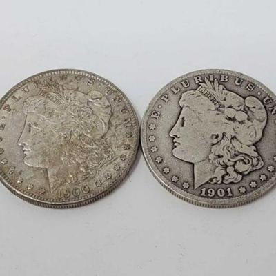 #1322 â€¢ (2) 1900-1901 Morgan Silver Dollars

