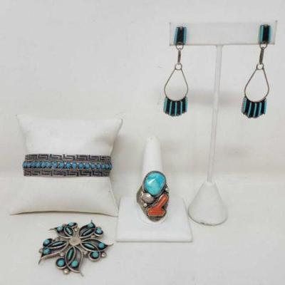 #904 â€¢ Sterling Silver Turquoise Cuff, Ring, Earrings & Pin, 59g
