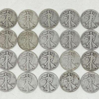 #1368 â€¢ (20) 90% Silver Walking Liberty Half Dollars
