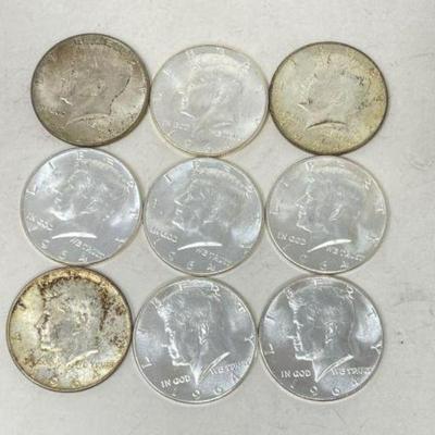 #1382 â€¢ (9) 90% Silver 1964 Kennedy Half Dollars
