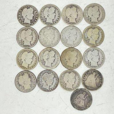 #1390 â€¢ (17) 90% Silver Barber Half Quarter Coins
