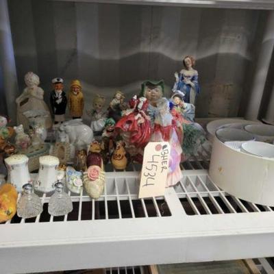 #4534 â€¢ Assorted Vintage Glass Figurines, Vintage Salt and Pepprer ShakersAnd Reindeer Mugs
