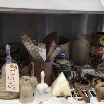 #4548 â€¢ Vintage Glass Bells, Clock, Coffee Cans, Rulers, Animal Trap, Jars, Cigarette Holder, Pots And Pans
