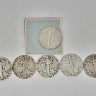#1354 â€¢ (6) 90% Silver Walking Liberty Half Dollar Coins
