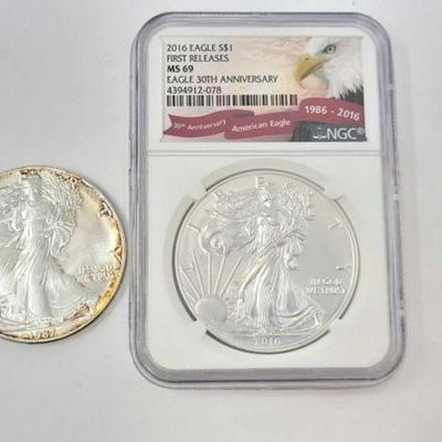 #1254 â€¢ (2).999 Fine Silver 1987 & 2016 American Eagle $1 Coins
