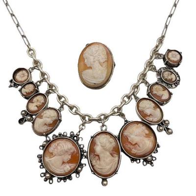Sterling Silver, Pearl & Cameo Necklace and 800 Silver Cameo Pendant/Brooch