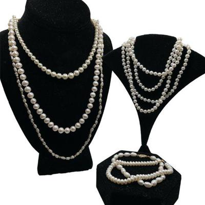 Collection Mostly Cultured Pearls W/ Mostly 14K Gold Clasps Necklaces & Bracelets