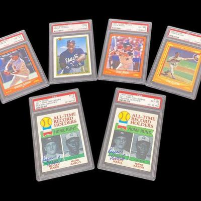 6 PSA Graded Baseball Cards Frank Thomas Rookie, Hank Aaron, Roger Maris, Roberto Alomar, Craig Biggio, Tom Glavin